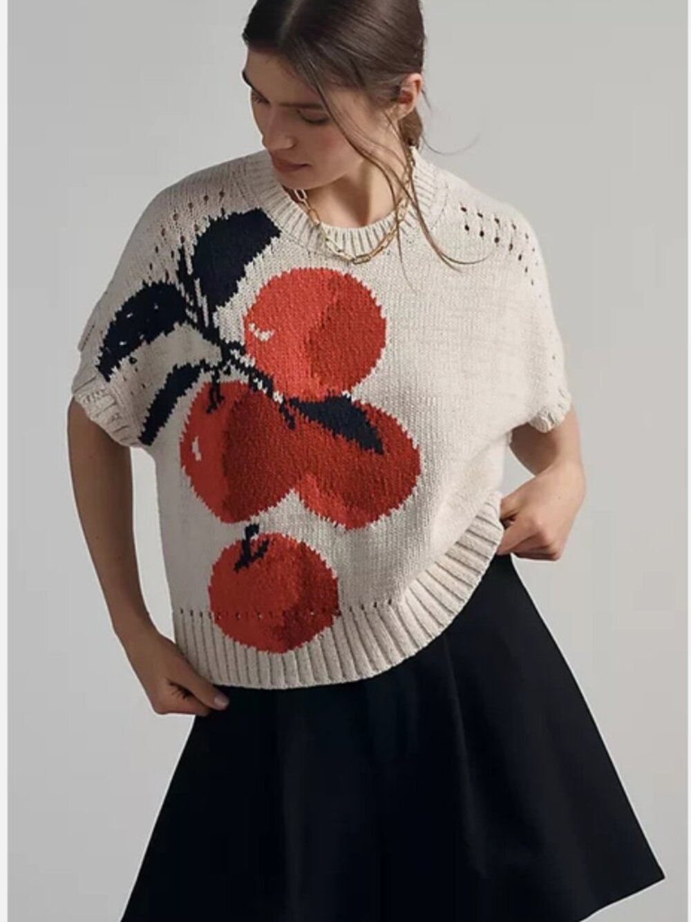 Anthropologie Maeve Short-Sleeve Veggie Motif Graphic Sweater Apples XS NWT